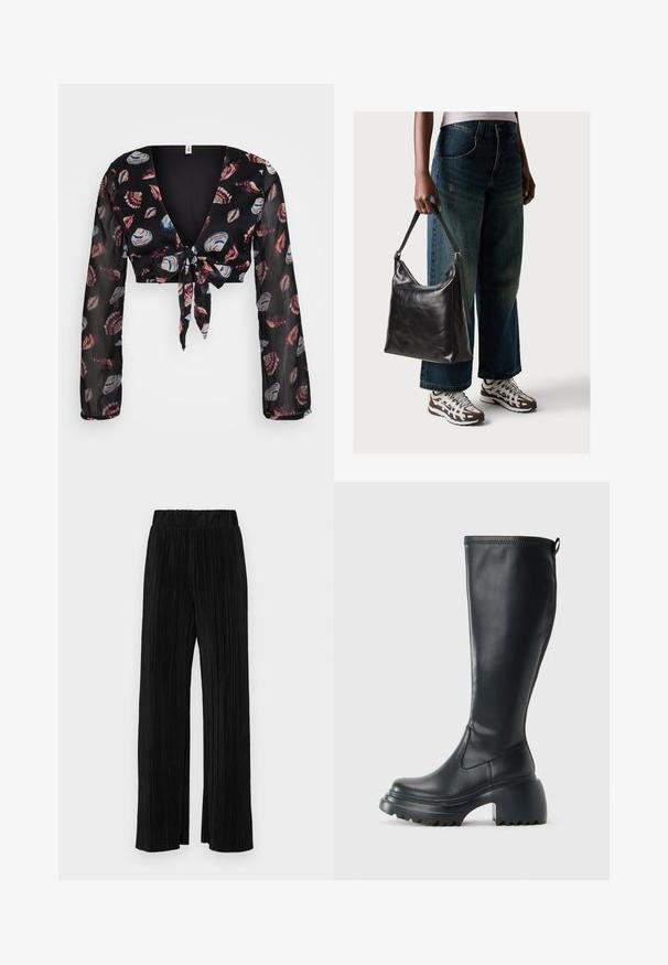 Fekete, rövidített blúz mély V-nyakkivágással, hosszú áttetsző ujjakkal és elöl megkötős kialakítással. Piros, kék és fehér kagylómintázat található sötét háttérrel.; Fekete pliszírozott nadrág gumis derekkal. Széles lábakkal rendelkezik, sima, texturált anyagból készült, függőleges csíkokkal.; Magas fekete bőrcipő, vastag platform talppal és blokk sarokkal, húzófüllel és texturált profillal az outsole-on.; Fekete bőr válltáska sima textúrával és állítható pánttal, melyet elnyűtt, bő szárú farmernadrággal és sportcipőkkel párosítottak.