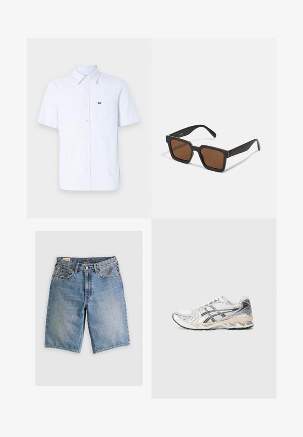 Camisa de botones de manga corta en azul claro con rayas blancas, que presenta un bolsillo en el pecho y un pequeño logotipo verde en el lado izquierdo.; Pantalones cortos de mezclilla en azul claro con un corte clásico. Cuenta con cinco bolsillos, acentos de costura naranja y dobladillos sin acabar.; Zapatilla deportiva blanca con acentos en plata y negro, parte superior de malla, diseño texturizado, suela acolchada y un patrón de tracción flexible.; Gafas de sol cuadradas negras con lentes marrones, con un acabado mate y detalles dorados en la montura. El diseño es angular con brazos anchos.