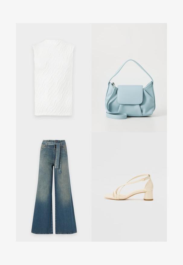 Fehér ujjatlan felső, textúrált hullámmintával, magas nyakkivágással és enyhén illeszkedő szilhuettel. Simább szövet, amely finom dimenzióval rendelkezik.; Bőszárú farmernadrág, világos és sötétkék árnyalatokkal, magas derekú, övgyűrűkkel és a nadrággal megegyező anyagú övvel. Textúrált farmer kivitel.; Krémszínű, blokk sarkú szandálok, pántos kialakítással és állítható bokapánttal, sima szintetikus anyagból, matt felülettel.; Világoskék bőrtáska, felső fogantyúval, elülső fedélzsebkémmel és levehető csuklószíjjal, fehér háttér előtt.
