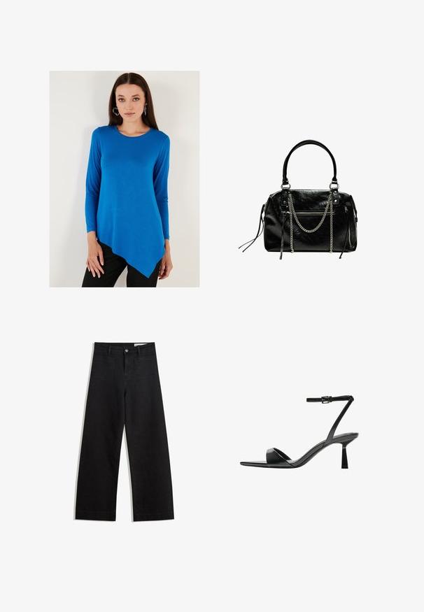 Hosszú ujjú felső élénk kék színben, kerek nyakkivágással és aszimmetrikus szegéllyel. Anyaga sima és enyhén testhezálló.; Fekete, bő szabású farmernadrág magas derékkal, elülső és hátsó zsebekkel, varrott felületekkel és gombos záródással. Sima textúra.; Bershka Magas sarkú szandálok - black; Bershka WITH CHAIN - Kézitáska - black