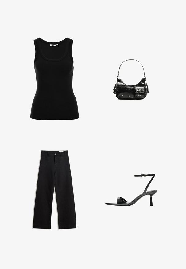 Fekete ribbeltartalmú ujjatlan topp, kerek kivágással és testhezálló fazonnal. Belső címkén található méretjelzés.; Fekete, bő szabású farmernadrág magas derékkal, elülső és hátsó zsebekkel, varrott felületekkel és gombos záródással. Sima textúra.; Bershka Magas sarkú szandálok - black; Fekete lakkbőr kézitáska ívelt formával, egy vállpánttal, elülső zsebekkel és ezüstszínű fémrészletekkel.