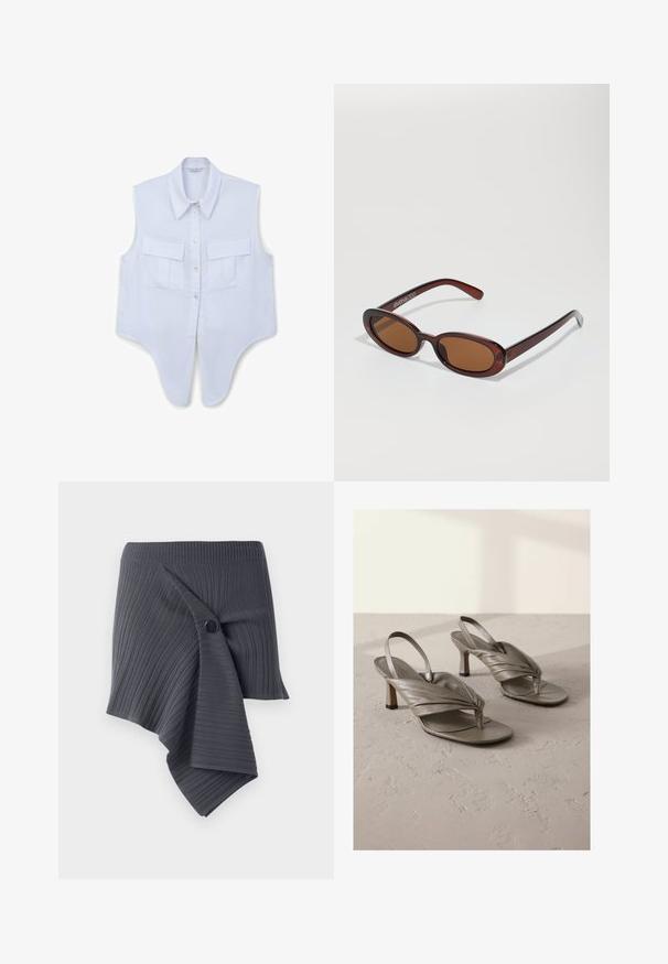 Weißes ärmelloses Hemd mit spitzem Kragen, zwei aufgesetzten Taschen vorne, Knopfverschluss und abgerundetem Saum. Aus Baumwollmaterial.; Dunkelgrauer gerippter Wickelrock mit einem verdrehten Design und einem runden schwarzen Knopf-Akzent. Hergestellt aus einem strukturierten, dehnbaren Material.; Graue Leder-Slingback-High-Heelsandalen mit verdrehten Vorderträgern und quadratischen Zehen, ausgestattet mit einem niedrigen Blockabsatz und texturierter Oberfläche.; Runde, braun getönte Sonnenbrillen mit einem glänzenden burgunderfarbenen Rahmen. Schlanke Bügel mit dezentem Branding. Flaches Linsendesign.; ALDO THALELI - Handtasche - navy