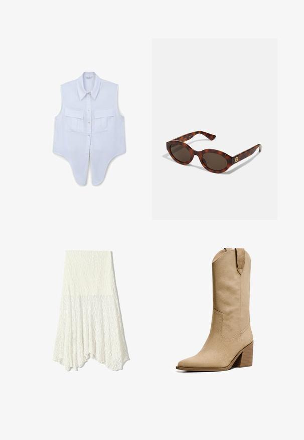 Weißes ärmelloses Hemd mit spitzem Kragen, zwei aufgesetzten Taschen vorne, Knopfverschluss und abgerundetem Saum. Aus Baumwollmaterial.; Weißer Spitzentüllrock mit strukturiertem Muster, asymmetrischem Saum und fließender Silhouette, aus leichtem Material gefertigt.; Bershka HIGH-HEEL - Cowboy-/Bikerboot - beige; Schildpatt-Sonnenbrillen mit runden Rahmen, dunklen Gläsern und goldfarbener Logodetailierung an den Schläfen. Glattes Kunststoffmaterial, keine sichtbaren Muster.; Braune Stoffschultertasche mit einem breiten, runden Körper und einem großen Ausschnittgriff. Sanfte Textur, minimalistisches Design und keine sichtbaren Beschläge.