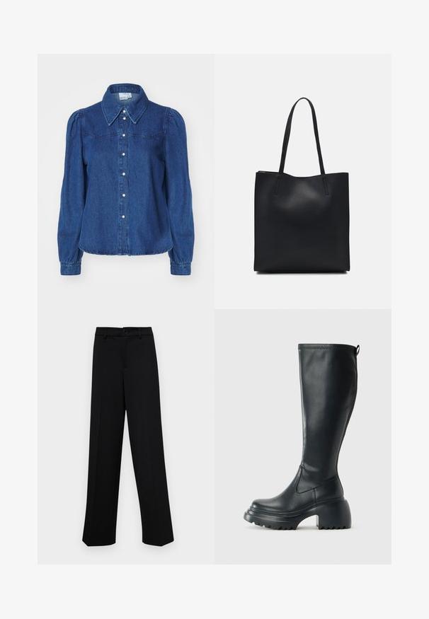 Denim-särg koos struktuurse krae, pikkade puffvarrukate ja nupuvajutusega esiosaga. Tume sinine kangas, millel on õrn tekstuur ja hästi istuv vöökoht.; Musta laiad püksid siledast kangast, millel on klassikaline vöökoht, nööbiga sulgemine ja ees voldid.; Kõrge must nahksaapad, millel on massiivne platvormi tald ja blokk-kand, varustatud tõmbenööriga ja tekstuuriga väljatõmbejääk.; Mustast nahast kott sujuva tekstuuriga, ristkülikukujuline ja kahe pika sangaga. Pole nähtavat riistvara ega kaunistusi.