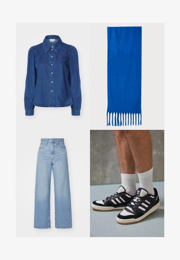 Denim shirt with a structured collar, long puff sleeves, and button front. Dark blue fabric with subtle texture and fitted waist.; Light blue high-waist wide-leg jeans with front button and zip closure, front and back pockets, on a white background.; Black and white sneakers with a suede and leather upper, featuring three white stripes, a perforated toe, and a gum rubber sole.; Blue fringed scarf made of soft fabric; features a solid color with a textured surface and evenly cut fringe at the bottom.; Black square crossbody bag made of textured synthetic material. Features an embossed logo design and adjustable strap. Zipper closure.