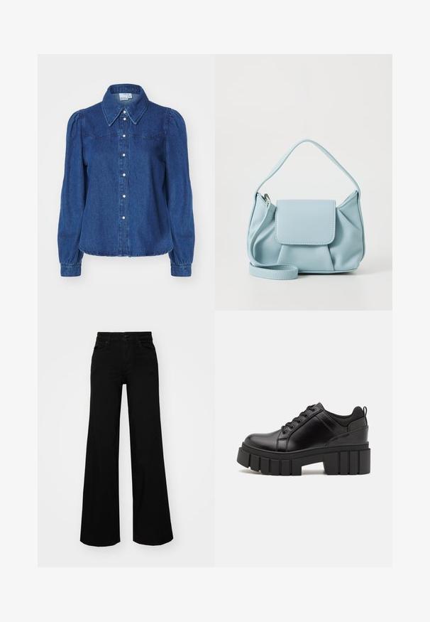 Džinsinė marškinė su struktūrizuotu apykakle, ilgomis pūstomis rankovėmis ir sagomis priekyje. Tamsiai mėlynas audinys su subtilia tekstūra ir figūrą pabrėžiančiu liemeniu.; Juodos plačios kelnės iš denimo, turinčios struktūruotą juosmenį, diržo kilpas ir priekines kišenes. Lygus paviršius su klasikinio dizaino elementais.; Juodi odiniai platformos batai su masyviu blokuota kulniuku, apvalia nosimi ir tradiciniu šnypštimo dizainu. Turintys glotnų paviršių ir minimalų dekoravimą.; Šviesiai mėlynas odinis rankinės maišas su viršutiniu rankenėle, priekinė kišenė su užklotu ir nuimamu riešo dirželiu ant baltos fono.