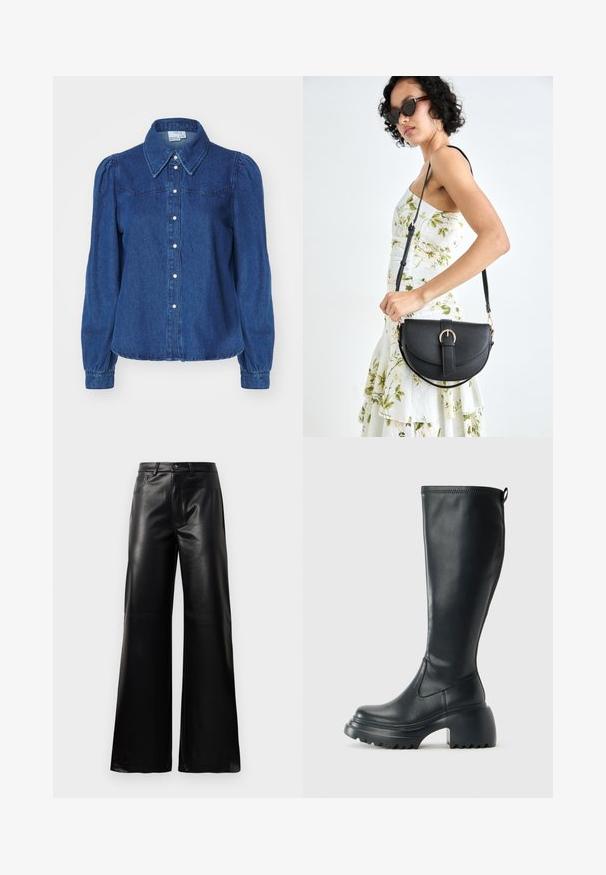 Denim shirt with a structured collar, long puff sleeves, and button front. Dark blue fabric with subtle texture and fitted waist.; Black high-waist wide-leg faux leather pants with front button, zip closure, belt loops, and side pockets on white background.; Tall black leather boot with chunky platform sole and block heel, featuring pull tab and textured tread on outsole.; Black leather handbag with a curved shape, detachable strap, and gold hardware. The bag features a flap with a buckle detail.