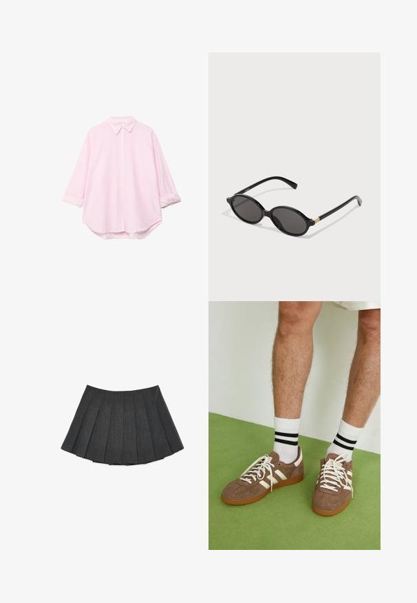 Jasnoróżowa koszula z długim rękawem, zapinana na guziki, z białymi pionowymi paskami, z klasycznym kołnierzykiem i podwiniętymi mankietami, wykonana z przewiewnego materiału.; Plisowana spódnica w ciemnoszarym kolorze, wykonana z teksturowanej tkaniny. Charakteryzuje się rozkloszowanym krojem z równomiernie rozmieszczonymi plisami i płaskim paskiem w talii.; Brązowe zamszowe sneakersy z białymi akcentami i sznurówkami. Gumowa, brązowa podeszwa. Noszone z białymi skarpetkami w czarne paski. Zielona teksturowana podłoga.; Czarne okulary przeciwsłoneczne w kształcie owalu z ciemnymi soczewkami, błyszcząca plastikowa oprawa i złote akcenty na zausznikach.; Brązowa torba na ramię z szerokim, zaokrąglonym kształtem i dużym wyciętym uchwytem. Miękka tekstura, minimalistyczny design i brak widocznych elementów metalowych.