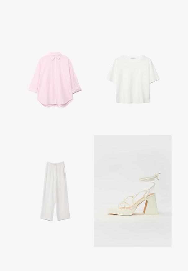 Light pink long-sleeve button-up shirt with white vertical stripes, featuring a classic collar and rolled cuffs, made from breathable fabric.; White short-sleeve t-shirt made of cotton. Features a crew neckline and a relaxed fit. Smooth texture with no visible patterns or accents.; White wide-leg trousers made from a lightweight fabric. Features an elastic waistband with a drawstring and side pockets. Smooth texture.; White high-heeled sandal with a chunky heel, featuring a strappy design and ankle tie. Smooth texture with a platform front for added height.
