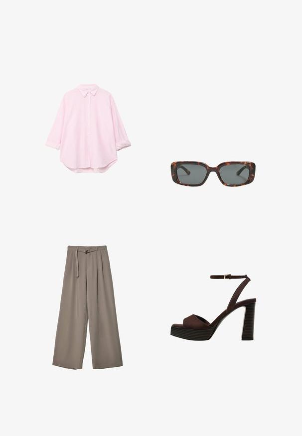 Lichtroze overhemd met lange mouwen en knopen, voorzien van witte verticale strepen, met een klassieke kraag en opgerolde manchetten, gemaakt van ademende stof.; Wijd nietenbroeken van een zachte, gedempte grijze stof, met een ceintuur in de taille en plooien voor extra ontwerpelementen. Gladde textuur, geen patronen.; Bruine suède high-heeled sandaal met een open teen, verstelbare enkelband en een gestreepte plateauzool.; Schildpad zonnebril met rechthoekige glazen, dikke monturen en donkere glazen. Glad oppervlak en minimalistisch ontwerp.