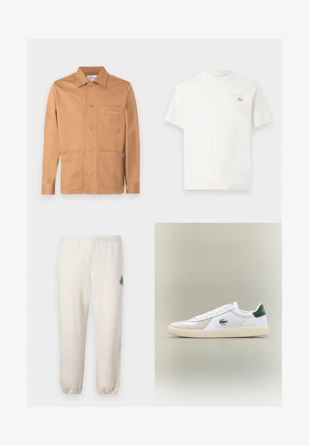 Brązowa bawełniana kurtka z kołnierzem, zapinana na guziki z przodu, z dwoma naszywanymi kieszeniami. Na dolnej stronie ozdobiona logo.; Biała bawełniana koszulka z krótkim rękawem, z subtelnym haftowanym logo i minimalistycznym wzornictwem. Miękka tekstura, okrągły dekolt.; Jasnobeżowe spodnie dresowe wykonane z bawełny, z elastycznym pasem, ściągaczami na nogawkach oraz zielonym logo z motywem liścia na lewym udzie.; Białe sneakersy z zielonymi akcentami, wykonane z zamszu i skóry, o zaokrąglonym nosku, teksturowanej podeszwie oraz wyszywanym logo na boku i języku.