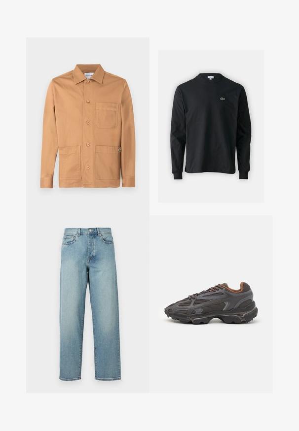 Giacca in cotone marrone con collo a risvolto, chiusura frontale con bottoni e due tasche applicate. Presenta un dettaglio logo sul lato inferiore.; T-shirt a maniche lunghe nera in cotone, con scollatura rotonda e un piccolo logo di coccodrillo ricamato in verde sul lato sinistro del petto.; Jeans di denim azzurro chiaro con una vestibilità ampia, gambe dritte, design a cinque tasche e chiusura con bottone in vita. Dettagli di cucitura minimalista.; Sneaker Lacoste grigie scure in materiale mesh e sintetico, con suola testurizzata e dettagli marroni sul colletto e sul branding.
