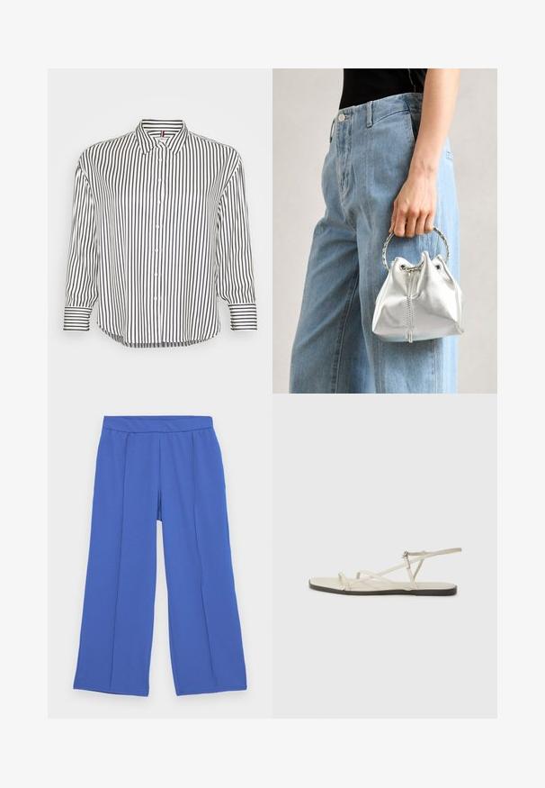 Košilový top s horizontálními a vertikálními navy a bílými pruhy, se zapínáním na knoflíky a mírně zakřiveným dolním lemem.; Široké kalhoty vyrobené z měkké, pružné tkaniny v jasně modré barvě. Mají plochý pas a dva přední záhyby pro zvýraznění designu.; Béžové ploché sandály s několika štíhlými pásky a nastavitelnou přezkou. Podešev je plochá s mírným tmavým kontrastem na okraji.; Metalická stříbrná kabelka typu bucket s texturovaným povrchem, zdobená stříbrným kulatým úchytem a stahovací šňůrkou, držena proti světlým modrým džínům.