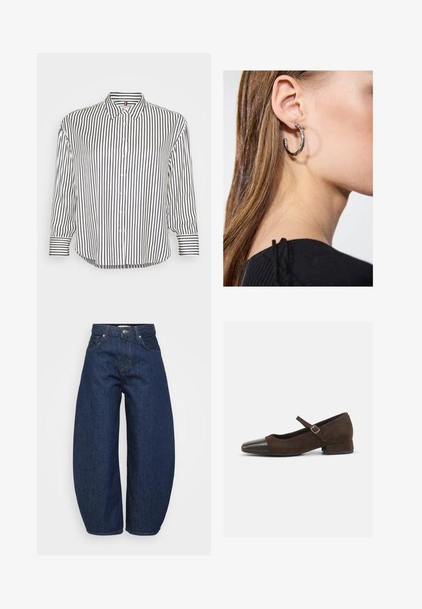 Košeľa s golierom, s horizontálnymi a vertikálnymi námorníckymi a bielymi pruhmi, so zapínaním na gombíky a mierne zakriveným lemom.; Tmavomodré džínsy z denimu so širokým, voľným strihom. Majú zips na zapínanie, štyri vrecká a kontrastný šev pozdĺž švíkov.; Hnedé semišové topánky typu Mary Jane s čiernym lakovaným špičkovým krytom, nastaviteľným remienkom a nízkym blokovým podpätkom. Hladká textúra s minimálnymi akcentmi.; Strieborná kruhová náušnica s lesklým povrchom, obsahujúca malé zlaté akcenty a okrúhly tvar, nosená na lalôčiku ucha.