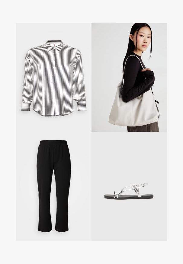 Galléros ing vízszintes és függőleges tengerészkék és fehér csíkokkal, gombos elülső résszel és enyhén ívelt hem éllel.; ONLY Carmakoma CARLAMA STRAIGHT - Nadrágok - black; Ezüst fémes szandálok minimális kialakítással, vékony pántokkal és fekete lapos talppal. Kiemeli a keresztpántos díszítést.; Puha anyagból készült bézs kézitáska, laza dizájnnal, varrott részletekkel és két vállpánttal. Mindennapi használatra alkalmas.