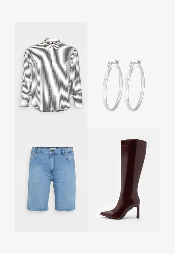 Camicia con colletto a righe orizzontali e verticali blu navy e bianche, caratterizzata da una chiusura con bottoni e un orlo leggermente curvato.; Pantaloni shorts in denim azzurro chiaro con taglio classico, dotati di chiusura frontale con bottone, passanti per cintura e due tasche laterali. Texture liscia e orlo dritto.; Even&Odd Stivali alti - dark red; Orecchini a cerchio in argento con una finitura liscia e lucida. Forma rotonda e chiusura a scatto sicura. Design leggero adatto per l'uso quotidiano.