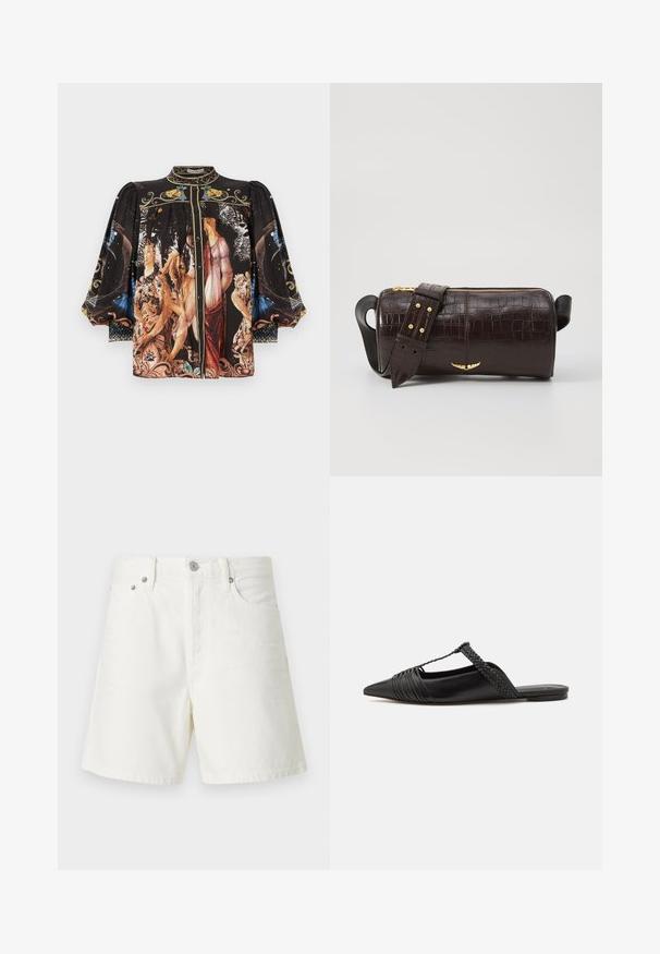 Camicia nera con stampa colorata di figure e natura, con maniche a sbuffo, colletto alto e chiusura frontale con bottoni.; Shorts di denim bianco con taglio dritto, design a cinque tasche, chiusura frontale con bottone, accessori in argento e dettagli cuciti.; Scarpa slingback in pelle nera con punta appuntita, con un dettaglio intrecciato e un design superiore plissettato. Suola piatta con hardware minimale.; Borsa in pelle stampata a coccodrillo marrone con forma cilindrica, accessori in tonalità oro e una tracolla staccabile con borchie.