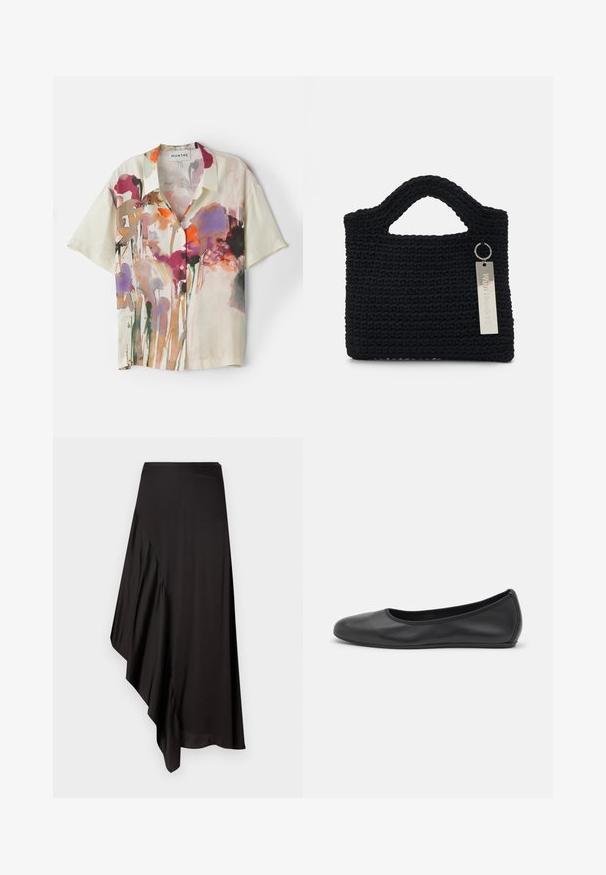 Rövid ujjú, gombos ing könnyű anyagból, krémszínű alapot mutat multiszínű virágos akvarell mintával, laza szabásban.; AERON ASTER SKIRT - Ceruzaszoknya - black; Fekete bőr balettcipő lekerekített orral, sima tekstúrával, minimális varrással és rugalmas talp kialakítással.; Won Hundred MARSIELLE COMPUTER BAG UNISEX - Laptop táska - black