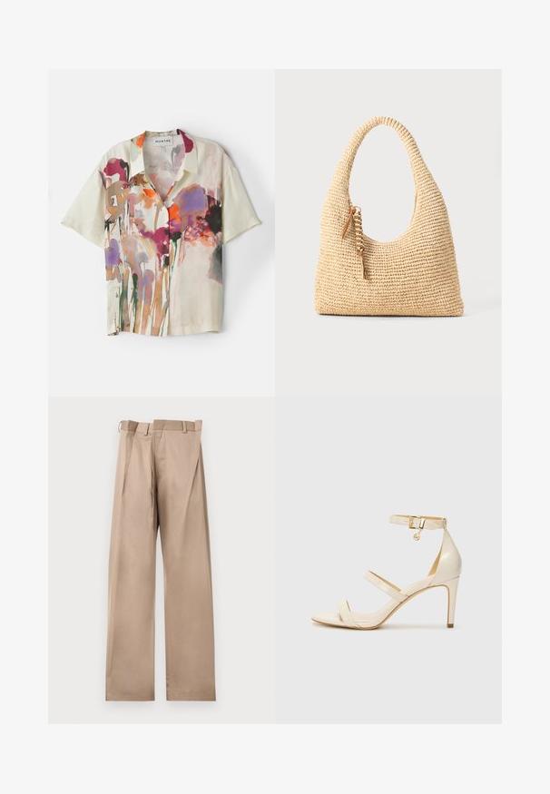 Camicia a maniche corte con bottoni in tessuto leggero, con una base crema e stampa floreale acquerellata multicolore, e un fit rilassato.; Pantaloni beige su misura con gamba dritta, caratterizzati da davanti piatto, passanti per cintura e pieghe. Realizzati in tessuto liscio con una texture morbida.; Sandali con tacco alto beige, dotati di una sottile cinghia alla caviglia e due cinturini superiori. Finitura lucida in vernice e dettaglio in hardware dorato sulla cinghia alla caviglia.; Borsa a tracolla beige intrecciata con manico curvo, superficie testurizzata e dettaglio in frangia marrone. Presenta una forma morbida e hobo.