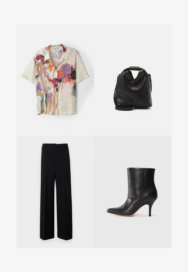 Short-sleeve button-up shirt in lightweight fabric, featuring a cream base with multicolored floral watercolor print and a relaxed fit.; Black wide-leg trousers with a flat front, button closure, and smooth fabric texture. Features a straight cut and crisp lines.; Black leather ankle boot with pointed toe, slim stiletto heel, and smooth texture. Minimalist design with no visible hardware or accents.; Black, soft leather bag with a unique twisted design. Features a short handle and a detachable shoulder strap. Minimalist style.