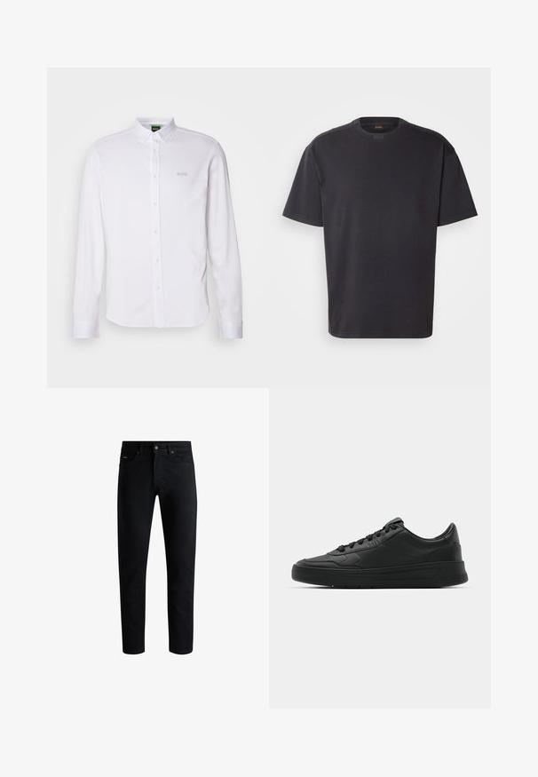 Cămașă albă cu mâneci lungi, confecționată dintr-un material neted. Prezintă un guler clasic, nasturi pe față și un logo brodat "BOSS" pe piept.; Tricou negru cu mânecă scurtă din bumbac, cu decolteu rotund și branding discret la guler. Textură netedă și croială lejeră.; Jeans negri slim-fit cu cinci buzunare, închidere cu nasture și bucle pentru curea, expuși pe un fundal alb.; Nike sport cu partea superioară din piele netedă, vârf rotund, sireturi plate, guler căptușit și design minimalist. Talpă din cauciuc cu un model discret de profil.