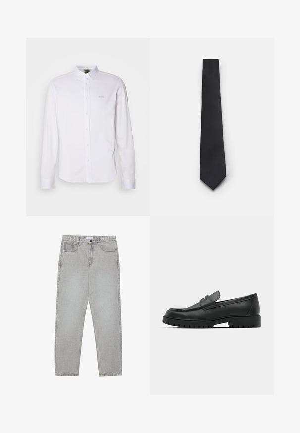 Vit långärmad skjorta med knappar gjord av mjukt tyg. Har en klassisk krage, framknappar och en broderad "BOSS"-logotyp på bröstet.; Ljusgrå denimbyxor med rak benform, femficksdesign och knappstängning. Synliga sömmar längs sömmarna.; Svarta lädersneakers med rund tå, med en sydd design, låg plattformssula och en texturerad, mönstrad gummisula.; Smalt svart slips med en strukturerad, diagoal ribbad mönstring. Har en spetsig topp och en slät yta. Lämplig för formella tillfällen.