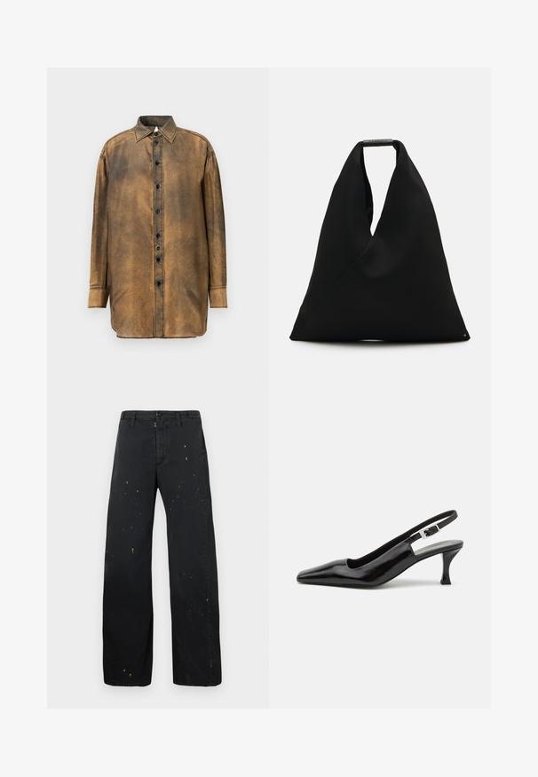Brown, long-sleeve shirt with a button-up front, pointed collar, and contrasting black stitching. Smooth texture and slightly faded finish.; MM6 Maison Margiela PANTS - Relaxed fit jeans - black; Black patent slingback high-heel shoes with a pointed toe and a silver buckle detail at the heel, featuring a smooth, glossy finish.; Black fabric tote bag with a unique V-shape design and a smooth texture. Features a short handle with minimalistic hardware detail.