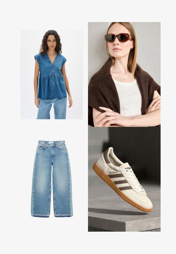 Denimska bluzica z V-izrezom in kratkimi rokavi, ki ima nabran trup, v srednji modri pranju z kontrastnimi šivi.; Svijetloplave široke traperice s visokim strukom, dugmadi za zatvaranje, prednjim džepovima i neurednim rubom.; Beli semišni športni čevelj z rjavimi usnjenimi detajli, tremi rjavimi črtami in belimi vezalkami. Ima teksturiran gumijast podplat in zlato oznako "SPEZIAL".; Rjave žirafaste sončne očala z angularnimi okvirji, temnimi lečami in kovinskimi detajli. Nosi se jih z kremasto majico in temnim šalom.