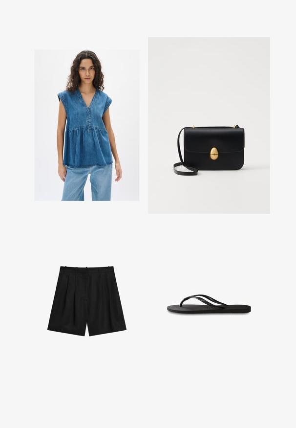 Jeansöverdel med V-ringning och korta ärmar, med en samlad byst, i en medelblå tvätt med kontrasterande sömmar.; Svarta skräddarsydda shorts gjorda av ett mjukt, lättviktsmaterial. Har veck, två sidofickor och en ren design på midjebandet.; Svart flip-flop med en texturerad gummisula, två slanka remmar och en subtil, präglad logodetalj på remmen.; Svart läderhandväska med en strukturerad rektangulär form. Har ett gyllene ovalt lås och ett tunt axelband. Slät textur.