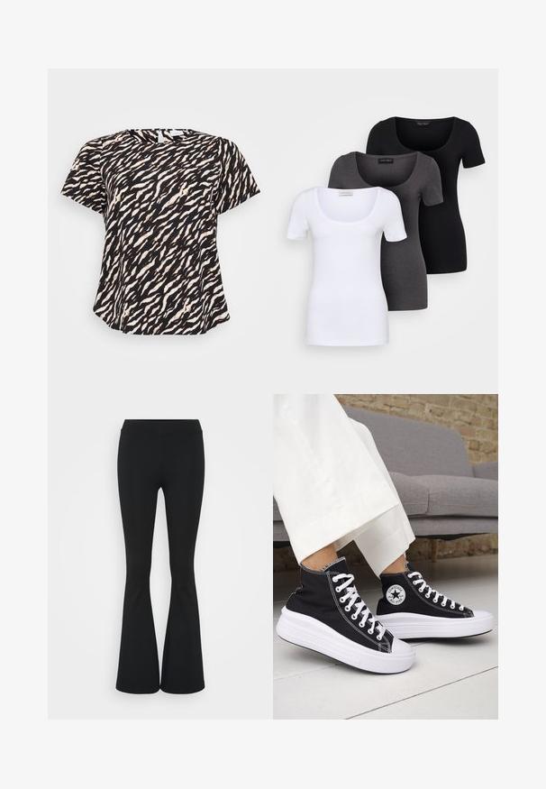 Svart og hvit topp med kort erme som har et bølgete tigerstripe-mønster. Mykt stoff med avslappet passform og rund hals.; Tre figurerte T-skjorter i hvit, grå og svart. Hver har en bred scoop-nakke og korte ermer. Laget av glatt, elastisk stoff.; Svarte flared bukser laget av elastisk stoff, med høy midje og en glatt tekstur. Buksene vidder ut fra kneet.; Svarte høye sneakers med hvite gummisåler og lisser. Har et rundt logo-merke og kontrasterende hvite sømmer. Laget av lerret.