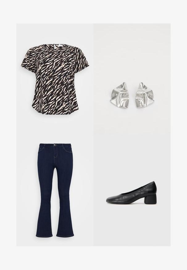 Čierny a biely krátky rukáv top s vlnitým tigrovým pruhom. Mäkká tkanina s voľným strihom a okrúhlym výstrihom.; Tmavomodré riflové nohavice s vysokým pásom, priliehajúce na stehnách a s miernym rozšírením na spodnej časti, so prednými vreckami a zapínaním na gombík.; Čierne kožené lodičky s okrúhlou špičkou a stredne blokovým podpätkom. Hladká textúra s minimálnymi detailami, so subtílnym elastickým otvorom.; Strieborné kovové náušnice s vlnitým, sochárskym dizajnom, s lešteným povrchom a nepravidelnými tvarmi, ktoré zvýrazňujú súčasnú estetiku.