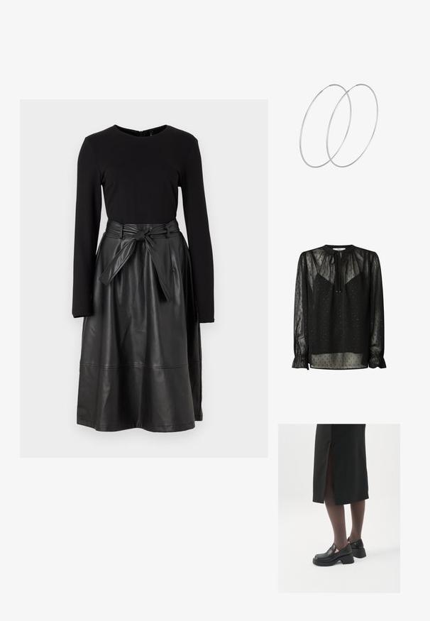 Schwarze durchsichtige Bluse mit Rundhalsausschnitt, langen Ärmeln und gerafften Manschetten. Verfügt über kleine quadratische Muster und ein gebundenes Vorderdetail.; Schwarzes Langarmoberteil kombiniert mit einem schwarzen Rock aus Kunstleder, der über einen gebundenen Bund und eine glatte, glänzende Textur verfügt.; Schwarze Lederschuhe mit abgerundetem Zeh, dicker Blockabsatz und elastischen seitlichen Akzenten, kombiniert mit dunklen Strumpfhosen und einem schwarzen Rock mit Schlitz.; Silberne metallic Pouch-Tasche mit einer sanften, abgerundeten Form und einem geknoteten Verschluss oben. Hergestellt aus glattem Kunstleder.; Silberne Creolen mit minimalistischem Design. Rundform, glatte Oberfläche und dünnes Profil. Leichtgewichtig mit hochglänzender Oberfläche.