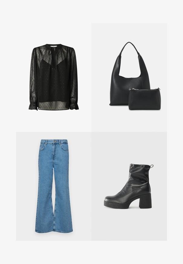 Blusa nera trasparente con scollatura rotonda, maniche lunghe e polsini arricciati. Presenta piccoli motivi a quadrato e un dettaglio anteriore con nodo.; Jeans svasati di un blu chiaro, realizzati in denim, con vita alta, cinque tasche e chiusura a un bottone. Morbido al tatto con una finitura scolorita.; Stivali neri alla caviglia in pelle liscia, con zip laterale, tacco spesso e texture, e punta arrotondata.; Even&Odd Borsa a mano - black