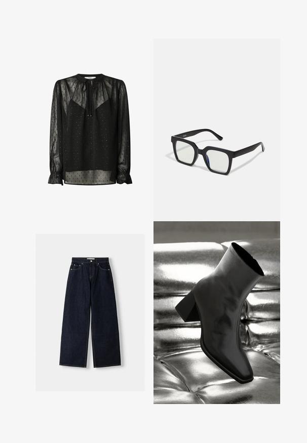 Sorte gennemsigtige bluse med rund halsudskæring, lange ærmer og indsamlede manchetter. Har små firkantede mønstre og en bundet frontdetalje.; Mørkeblå denim wide-leg jeans med høj talje, fem lommer, kontraststing og sølvfarvet metalbeslag. Glat overflade og pæn finish.; Sorte ankelstøvler lavet af glossy materiale med firkantet tå og spidse hæle, sat mod en skinnende sølv tuftet baggrund.; Sorte firkantede solbriller med mat finish, udstyret med transparente linser og en svag blå nuance på den ene side. Robust, vinkelret design.