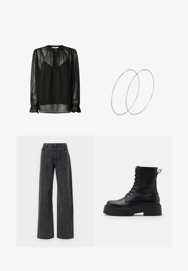 Blusa nera trasparente con scollatura rotonda, maniche lunghe e polsini arricciati. Presenta piccoli motivi a quadrato e un dettaglio anteriore con nodo.; Noisy May NMJANNEL LOOSE - Jeans baggy - black denim; Stivaletti in pelle nera alla caviglia con punta rotonda, lace-up frontale e suola in gomma spessa con battistrada textured. Tassello sul retro.; Orecchini a cerchio in argento con un design minimalista. Forma circolare, superficie liscia e profilo sottile. Leggeri con una finitura lucida.