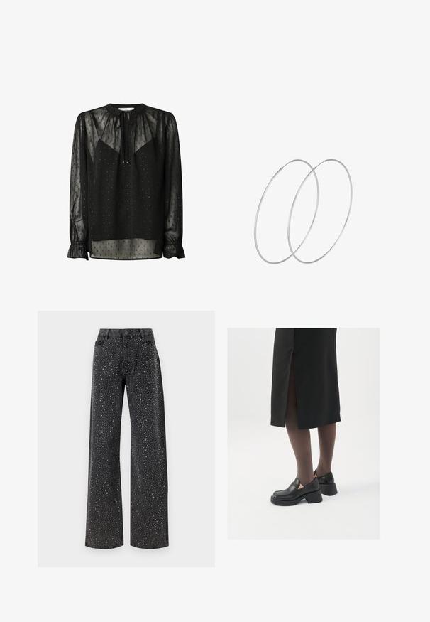 Blusa negra transparente con cuello redondo, mangas largas y puños fruncidos. Presenta pequeños patrones cuadrados y un detalle de lazo en la parte delantera.; Noisy May NMJANNEL LOOSE - Vaqueros boyfriend - black denim; Zapatos de piel negra con punta redondeada, tacón grueso y bloque, y acentos elásticos en los laterales, combinados con unos pantys oscuros y una falda negra con una abertura.; Pendientes de aro plateados con un diseño minimalista. Forma circular, textura suave y perfil delgado. Livianos con un acabado pulido.