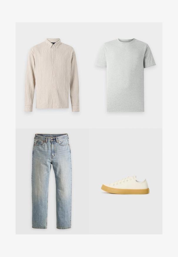 Košile na knoflíky v barvě krému s vertikálními pruhy. Vyrobena z texturované látky, má límec, dlouhé rukávy a přední uzavírání na knoflíky.; Jednoduché světle šedé tričko s krátkým rukávem a kulatým výstřihem, vystavené na bílém pozadí, pohled zepředu bez viditelných log nebo designů.; Svetle modré džíny z denimu s vysokým pasem, předním knoflíkem, zipem a designem s pěti kapsami, ležící rovně na neutrálním pozadí.; Plátěné tenisky v krémové barvě s kulatou špičkou, s béžovými gumovými podešvami a pěti očky na tkaničky, texturovaný povrch horní části.