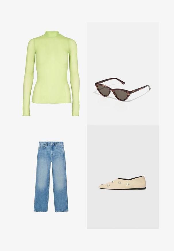 Dlhý rukáv top v svetlozelenej farbe, vyrobený z priesvitnej látky s vysokým golierom. Má priliehavý siluetu a jemne rozšírené manžety na zápästiach.; Biela blúzka s volánovými krátkymi rukávmi, textúrovanou tkaninou, hlbokým V-výstrihom so zaväzovaním vpredu a vrstvenými volánmi na spodnom leme.; Svetlomodré denimové džínsy so strihaním na rovno, dizajnom s piatimi vreckami a jemným vyblednutím. Majú gombík a zips na uzatváranie v páse.; CLOSED Balerínky - ecru; Slnečné okuliare v tvare mačacích očí s tmavými sklami a kostnatým vzorom. Vyrobené z ľahkého plastu, so štíhlymi stranami a detailom loga.; Tkaná textilná taška olivovej farby s priestranným, zaobleným tvarom a jedným predĺženým uchom na nosenie. Štruktúrovaný povrch.