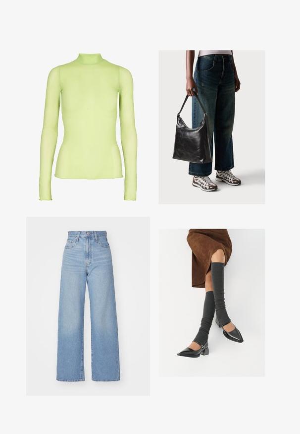 Langarmtop in lichtgroen, gemaakt van doorzichtig materiaal met een hoge hals. Heeft een getailleerde snit en licht uitlopende manchetten bij de polsen.; Lichtblauwe high-waist wijde jeans met een knoop- en ritssluiting aan de voorkant, voor- en achterzakken, op een witte achtergrond.; Zwarte gepatineerde leren pumps met een puntige neus, een blokhak en een enkelbandje, gecombineerd met grijze geribde beenwarmers en een bruine suède rok.; Zwarte leren schoudertas met een gladde textuur en een verstelbare strap, gecombineerd met vervaagde wijde jeans en sportieve sneakers.