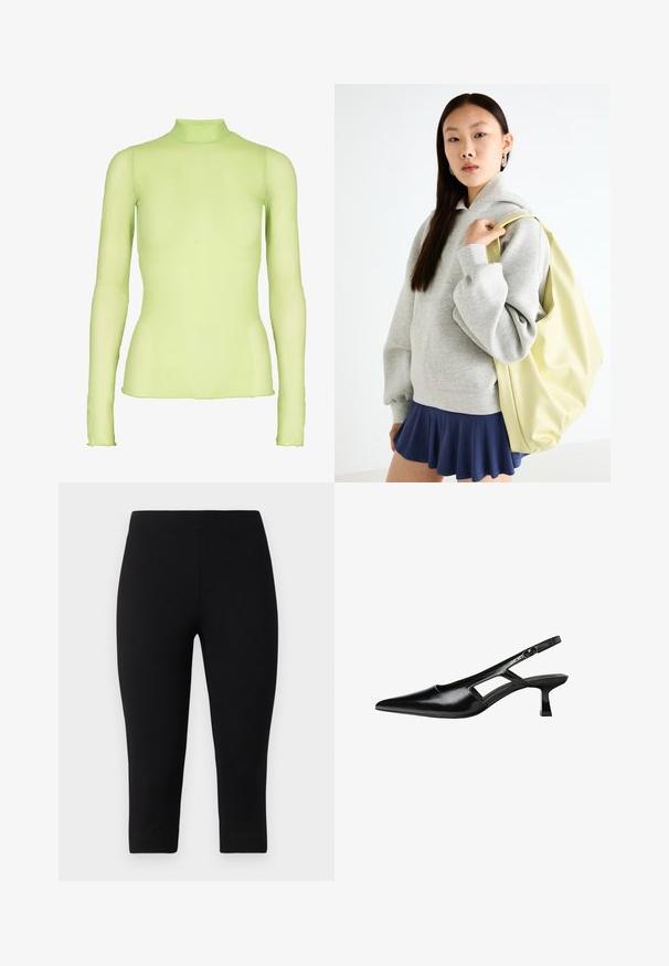 Langärmliges Oberteil in Hellgrün, aus transparenter Stoff gefertigt, mit hohem Kragen. Hat eine enganliegende Silhouette und leicht ausgestellte Manschetten an den Handgelenken.; Schwarze Capri-Leggings aus dehnbarem Material, die eng anliegen und eine glatte Textur aufweisen, ohne auffällige Muster oder Akzente.; Schwarze Lackleder-Slingback-High Heels mit spitzer Zehenform, ausgeschnittenem Seitendesign und kleinem Blockabsatz. Glatte Textur mit minimalen Akzenten.; Grauer, übergroßer Hoodie mit Kängurutasche, kombiniert mit einem marineblauen, ausgestellten Rock. Accessoire: großer, hellgelber Rucksack mit glatter Textur.