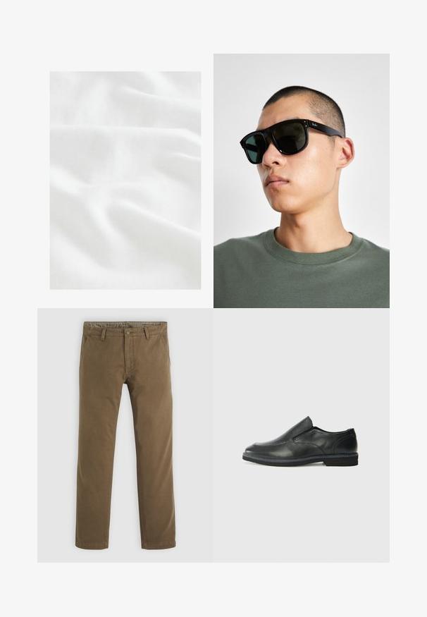 Next CUBAN COLLAR FIT - Pluus - white; Khaki puuvillased püksid sirge säärega disainiga, millel on nupuga sulgemine, kaks esi-taskut ja sile tekstuur.; Must musta laia suuga king, millel on sile ülemine osa, õmmeldud detailid, ümmargune nina ja madal kummist konts. Tallal on minimaalne mustr.; Mustade ristküliku kuju prillid tumedate läätsedega, millel on eriline kuju ja bränding templil. Kanda inimese poolt, kellel on seljas roheline särk.