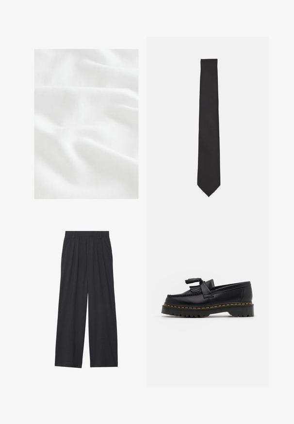 Next CUBAN COLLAR FIT - Marškiniai - white; Tamsiai pilkos spalvos plačios kojos kelnės. Su klostėmis ties juosmeniu, pritaikyta konstrukcija ir tiesi siluetas.; Juodas odinis loaferis su kutais, turintis masyvų juodą pado ir geltonus siūlus palei kraštą. Textūruota danga.; Juodas kaklaraištis, pagamintas iš sklandžios medžiagos, turintis ploną, pailgą formą su išsikišusia viršūne ir be matomų raštų ar akcentų.