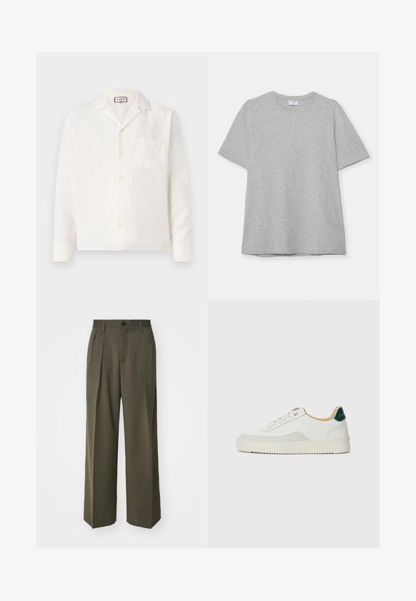 Kratke rukave bele srajce iz lahkega materiala. Ima izrezan ovratnik, sprednje gumbe in žep na prsih. Gladka tekstura, sproščen dizajn.; Siva kratka majica s kratkimi rokavi, narejena iz mehke, teksturirane tkanine. Ima klasičen okrogli ovratnik in ravno spodnjo rob, primerna za vsakdanje nošenje.; Filippa K WIDE TROUSERS - Hlače - driftwood; Bela trenerka z zaključki iz semiša, okroglo konico, ravne vezalke in kremna gumijasta podplata. Ima zeleno blagovno znamko na peti.