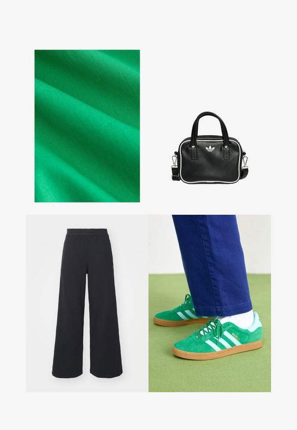 Bright green fabric with a smooth texture, displaying subtle wrinkles and folds. The material appears lightweight and uniform in color.; Black wide-leg sweatpants made from soft fabric, featuring an elastic waistband and a small logo on the left side.; Green suede sneakers with white stripes and accents, rubber gum sole, featuring green laces and branding on the side.; Black leather handbag with two short handles, silver hardware, white accents, and a white logo. Features a textured surface and compact design.