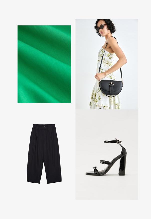 Vihreä kangas, jossa on sileä tekstuuri, esittää hienovaraisia ryppyjä ja taitoksia. Materiaali vaikuttaa kevyeltä ja väri on tasainen.; Musta polyesterinen culotte-housut, jossa on joustava vyötärö, kaksi etupleettiä ja löysä siluetti. Ei näkyviä kuvioita tai metallisia yksityiskohtia.; Musta kiiltävä korkokenkä sandaalit neliönmuotoisella varpaalla, nilkkaremmillä ja hopeisilla soljilla. Varustettu tukevalla lohkokorkealla vakauden takaamiseksi.; Musta nahkainen käsilaukku, joka on kaareva muotoilultaan, irrotettavalla hihnalla ja kultaisilla yksityiskohdilla. Laukussa on läppä, jossa on solk yksityiskohta.