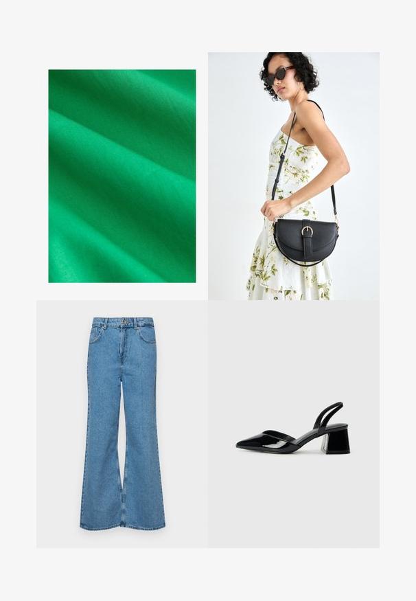 Šviesiai žalia medžiaga su lygiu paviršiumi, rodanti menkus raukšles ir klostes. Atrodo, kad medžiaga yra lengva ir vienoda spalva.; Šviesiai mėlynos flared džinsai, pagaminti iš džinsinio audinio, su aukštu liemeniu, penkiomis kišenėmis ir vienu mygtuko užsegimu. Minkštas paviršius su išblukusiu efektu.; Juodos lakuotos odinės šlepetės su smailiu pirštu ir geometriniu bloko kulnu. Turi elegantišką, minimalistinį dizainą ir lygų paviršių.; Juodas odinis krepšys su išlenkta forma, nuimamu dirželiu ir auksiniais detalėmis. Krepšys turi kilpą su sagtimi.