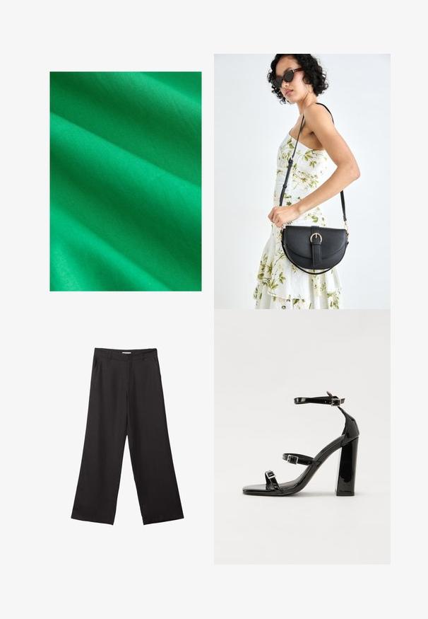 Bright green fabric with a smooth texture, displaying subtle wrinkles and folds. The material appears lightweight and uniform in color.; Black wide-leg trousers made of smooth fabric, featuring a front zipper and two side pockets, with a tailored fit and minimalistic design.; Black patent heeled sandals with a square toe, ankle straps, and silver buckles. Features a chunky block heel for stability.; Black leather handbag with a curved shape, detachable strap, and gold hardware. The bag features a flap with a buckle detail.