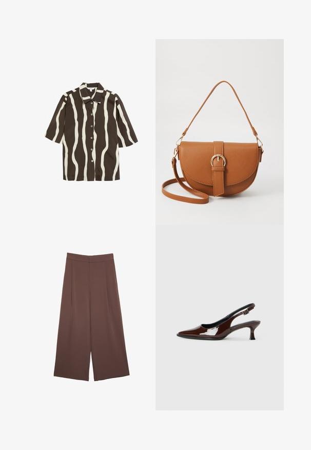 Kurzarmhemd mit braunem Hintergrund und cremefarbenen Wellenstreifen, ausgestattet mit einem spitzen Kragen und einer Knopfverschlussleiste auf der Vorderseite.; Braune Weite-Leg-Hosen mit einer glatten Textur, hoher Taille und Vorderfalten. Der Stoff ist leicht und fällt locker.; Braune Lackleder-Slingback-Schuhe mit spitzer Zehe und moderatem Absatz. Mit einem Schnallenriemen für einen sicheren Sitz. Glatte Textur.; Braune Leder-Crossbody-Tasche mit geschwungener Form, goldfarbenen Beschlägen und einer Schnallenakzentuierung. Verfügt über einen abnehmbaren Schultergurt.