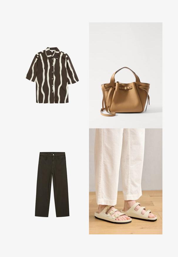 Short-sleeve shirt with a brown background and cream wavy stripes, featuring a pointed collar and button closure along the front.; Dark green wide-leg jeans made of cotton blend, featuring a front button closure, five pockets, and classic denim stitching.; Light beige sandals featuring three adjustable straps with metallic buckles, a cushioned footbed, and a black rubber sole.; Tory Burch ROMY PEBBLED SATCHEL - Handbag - tiramisu