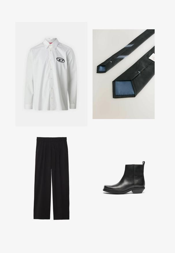 Biela košeľa s dlhými rukávmi vyrobená z bavlny, s golierom na gombíky a čiernym vyšitým logom na ľavej strane hrude.; Čierne široké nohavice so skladaným predným dielom, bočnými vreckami a hladkým textilným povrchom. Navrhnuté na voľný strih.; Čierne kožené členkové čižmy s kosoštvorcovým špičkou a nízkym blokovým podpätkom. Elegantlyý dizajn s hladkou textúrou a úchytkou pre jednoduché obúvanie.; Dve kravaty: jedna je čierna s diagonálnym modro-šedým prúžkom a druhá je čierna s modrým saténovým koncom. Textúrovaná tkanina.